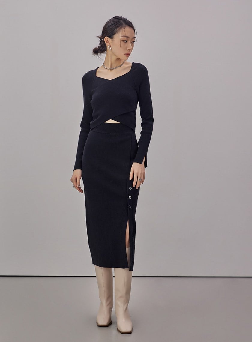 坑條合身針織開衩直筒裙